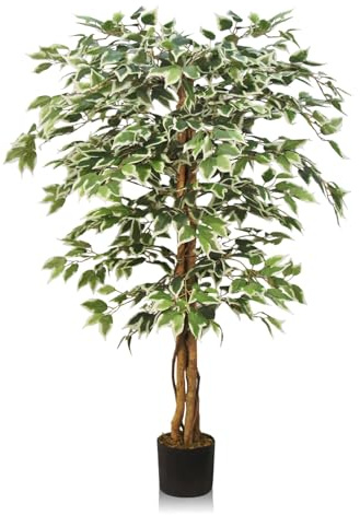 GOVIRAYE 150cm Künstlicher Ficus Benjamini, Kunstpflanze Groß mit Weißen Blatträndern, Kunstbaum Wetterfest für Balkon, Terrasse, Garten, Wohnzimmer & Büro