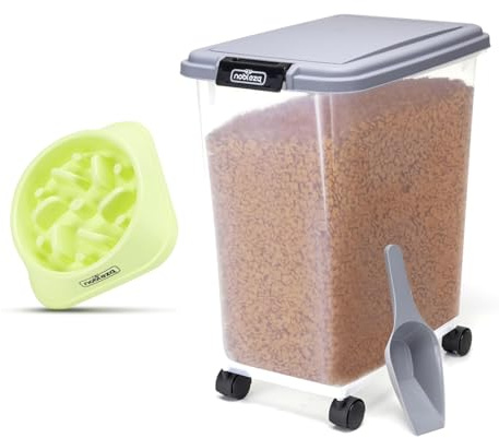 Nobleza - Contenedor de Comida para Mascotas, Mascotas Caja de Alimentos con Ruedas, Tapa abatible, hermética, Transparente, Ruedas y Pala (40L)