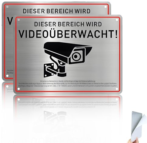2 Stück Schild Videoüberwachung Privatgrundstück, 15x20cm Achtung Videoüberwachung Schild mit Dsgvo Hinweis, Aluminium Videoüberwachung Aufkleber,(silber)