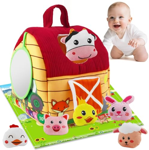 Montessori Spielzeug Set für Babys, 6-12 Monate, Kinderspielzeug ab 1 Jahr | 6 Animals mit Scheune, Rassel, Spiegel, Montessori Sensorisches Lernspielzeug Geschenke für Kleinkinder 0-3 Jahren