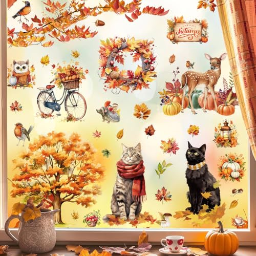 Aonveki Fensterbilder Herbst Selbstklebend, 9 Blätter Thanksgiving Herbstdeko Fenster Aufkleber Ohne Kleber, Katze Kürbis Ahornblätter Fensterdeko Herbst für Kinderzimmer Laden Haus