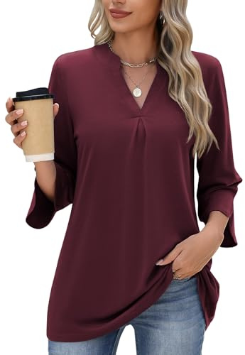 PASUDA Chemisier Femme Chic et Élégant Manches Chemise 3/4 Longues Col V Blouse Décontracté Tunique Tops Rayures Unie Fluide Ample Hauts Casual Long Shirts(Bordeaux,L)