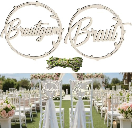 2 Stück Braut Bräutigam Stuhlschilder Hochzeit Deko Brautpaar Hochzeit Stuhl Deko Stuhl Holz Banner Schild mit Künstlich Blatt Hanfseil Braut Bräutigam Holzschild für Verlobungsfeier Hochzeitsauto
