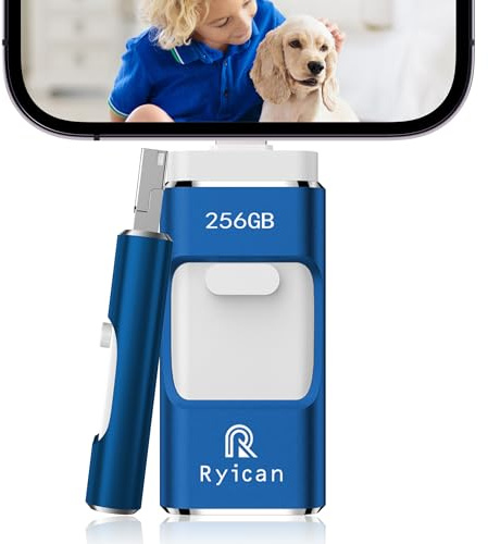 Memoria USB para Phone 256GB,Ryican 4 in 1 Pendrive transmisión de Alta Velocidad Photostick USB 3.0 Memoria Externa para iOS/Pad/Android/Teléfono/PC, Tiene Función de Protección Contraseña (Azul)