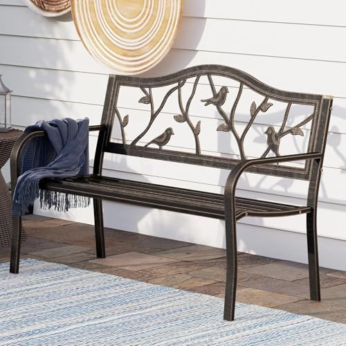 PHI VILLA Banc de jardin en métal avec cadre en acier 2-3 places - Banc d'extérieur avec motif oiseaux - Pour parc, jardin et terrasse - Bronze