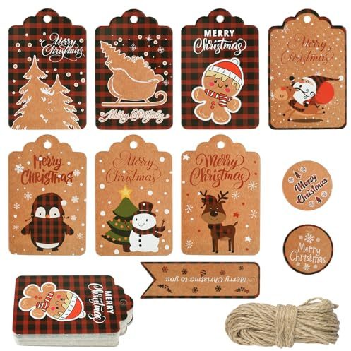 TAIYOU 60 pezzi Etichette regalo in carta kraft per Natale, tag natalizi retrò con corda, decorazioni per albero di Natale per confezioni regalo, 10 design
