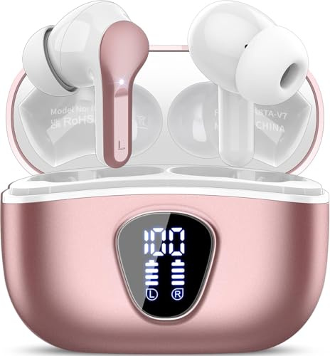Ecouteurs Bluetooth sans Fil, Écouteurs Bluetooth 5.4 Oreillette Bluetooth Basses Immersives avec 4 ENC Mic, Casque Bluetooth sans Fil 46H avec Écran LED, Étanche IP7 Contrôle Tactile, Or Rose (2026)