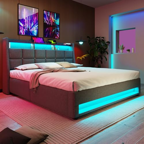 Upholstered Ottoman Bed with Hydraulic Lift & LED Storage Headboard, 4ft6 Double Bed Frame with LED Lighting & Charging Station, Grey Linen Fabric Functional Gas Lift Up Storage Beds, No Mattress