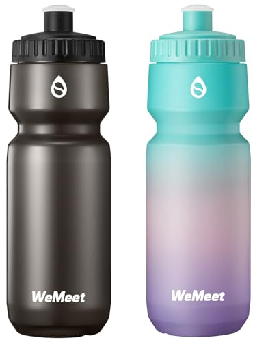 WEMEET Lightweight Bike Water Bottle 700ml, BPA Free, Cycling Squeeze Bottle, Leak Proof Sport Water Bottle with Capacity Scale, for Cycling, Gym (Black & Green Pink Purple, 2 Pack)