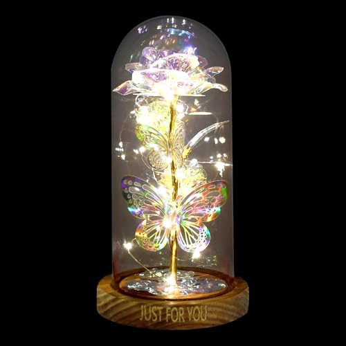 Rosa di vetro, illuminazione eterna artificiale | Campana colorata sotto vetro con luce | Per soggiorno camera da letto casa donne ragazze nonna festa della mamma