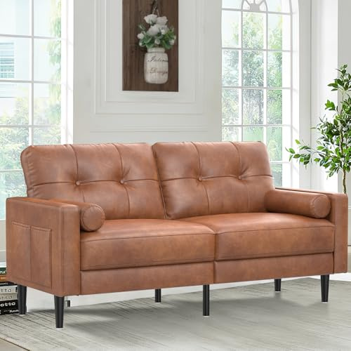 Aotumm Ciort Sofá 2 Plazas Moderno con Cojines Gruesos y 2 Almohadas, de Cuero con Bolsillos de Almacenamiento para Sala de Estar/Dormitorio/Oficina, Pequeño (Marrón Sofisticado)