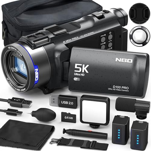 NBD Caméscope 5K 48MP F1.8 WiFi - Écran Orientable 270° & Zoom 16x - Youtube Vlogging Kit, Micro + 11 Filtres, 277g (Noir)