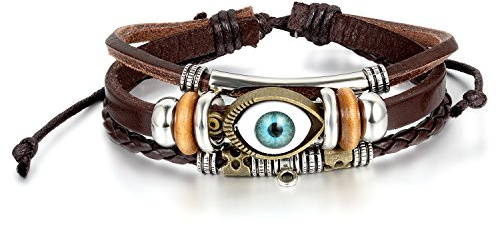 JewelryWe Schmuck Herren Armband, mit Engelsaugen Design Armreif 20.5-27.5cm Verstellbaren Größen, Leder Legierung, Schwarz Braun