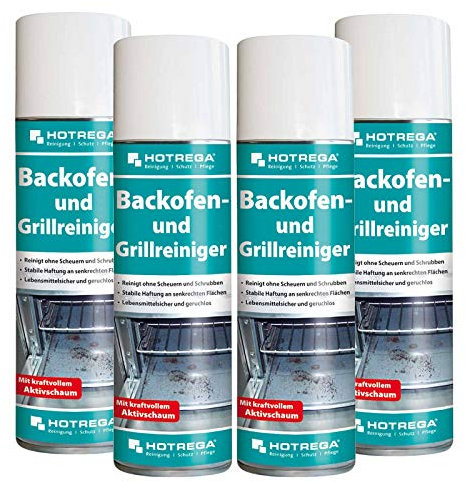 HOTREGA Backofen- und Grillreiniger 4x 300ml | Gebrauchsfertig | Entfernt eingebrannte Rückstände von Fett, Öl, Zucker | Für Edelstahl, Glas & Keramik