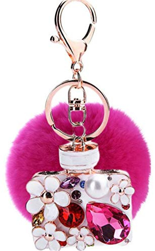 Schlüsselanhänger plüsch Ball glänzend Strass Perle DIY Parfümflasche Plüsch-Kugel Autoschlüssel-Anhänger Pompom Glitzer Weich Schlüsselring bommel Keychain Handtaschenanhänger Dekor (Rosa)