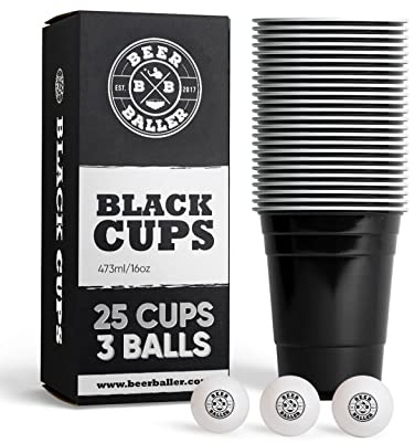 BeerBaller® Black Cups - 25 bicchieri da beer pong neri & 3 palline da beer pong | lavabili in lavastoviglie e riutilizzabili | 473ml - 16oz | bicchieri da beer pong originali americani