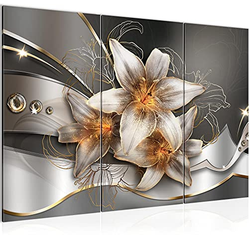 Runa Art Wandbilder Blumen Lilien Bild XXL Wohnzimmer Schlafzimmer Gelb Gold Abstrakt 120 x 80 cm 3 Teilig 039631a