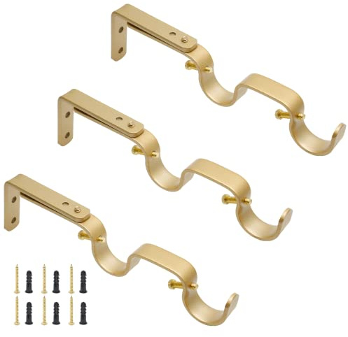 Augiimor Soporte dorado para barra de cortina, 3 unidades, barra de 1 pulgada | Ajustable, resistente, soportes dobles para colgar barra de cortina, soporte ajustable para barra de cortina