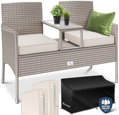 KESSER® Polyrattan Gartenbank 2-Sitzer Bank mit integriertem Tisch, 143×63×88 cm - Rattan Sitzbank Garten Balkon Gartensofa wetterfest Sitzgruppe Ultra Stabile, inklusive Kissen und Cover, Grau