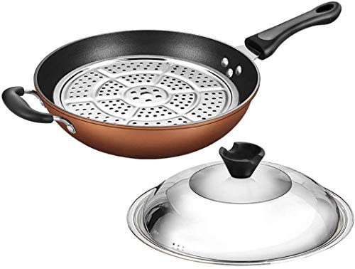 HMTE Wok Für Induktion, Schmiedeeiserner Wok, Antihaftpfanne, Induktionsherd, Kombiabdeckung/Gedämpfte Tablette, Erdgas, Gasherde Anwendbar, 34 cm (32 cm)