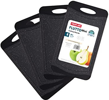 NEOFLAM® Frühstücksbrettchen spülmaschinenfest 25x14cm 4er Set - Schneidebrett Kunststoff BPA-frei, Brettchen rutschfest, Brotzeitbrett antibakteriell, Küchenbrett mit Saftrille, Marmoroptik schwarz
