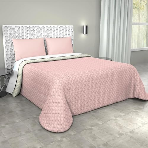 Copriletto Matrimoniale Trapuntato Double Face, Made in Italy - Trapunta Primaverile/Estiva in Morbida Microfibra - Trapuntino Bicolore disponibile in Vari Colori - 250x240 cm (Rosa Cipria/Panna)