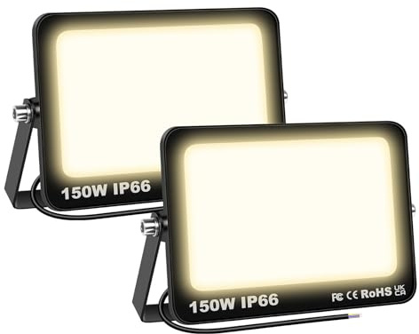SKYWORLD 2 Pcs Projecteur LED Extérieur 150W 15000LM, 3000K Blanc Chaud | Spot LED Extérieur, IP66 Étanche Lumière Eclairage de Sécurité pour Patio Jardin Garage Entrée Terrasse Cour, Sans prise