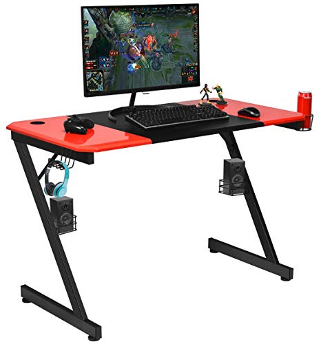 GOPLUS Bureau Gaming en Forme de Z avec Patins Réglables, Table de Jeu en Fibre de Carbone avec Porte-gobelet et Crochet pour Casque, Bureau Jeu avec Support Audio, 120X60X76 CM