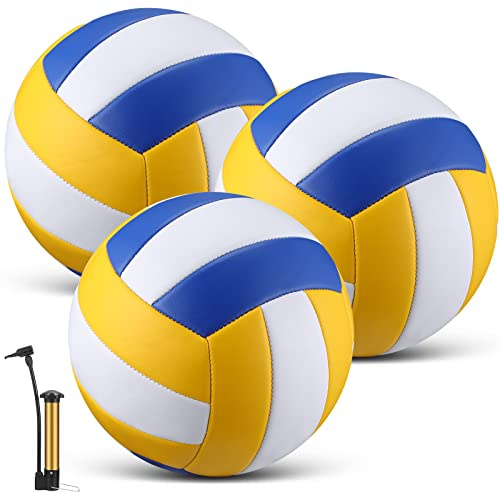 Honoson 3 Pack Official Size 5 Volleyball Balls with Pump PU Leather Soft Indoor Outdoor Volley Ball Training Game Beginner Practice Beach Pool Play Gym Back to School(White, Yellow, Blue)