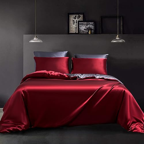 YASMENG Satin Bettwäsche 220x240 Rot Weinrot Dunkelgrau Bettbezug Set Seide Bettwäsche Satin Glatt Glänzend Seidig Deluxe Wendebettwäsche 3teiling mit Reißverschluss und 2 Kissenbezüge 80×80 cm