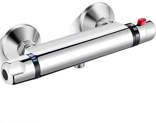 AIMOYO Duscharmatur mit Thermostat, Aufputz Duschthermostat Mischbatterie Dusche Thermostat Duscharmaturen, Messing Thermostat Brausearmatur mit 38 °C Sicherheitstaste, Chrom