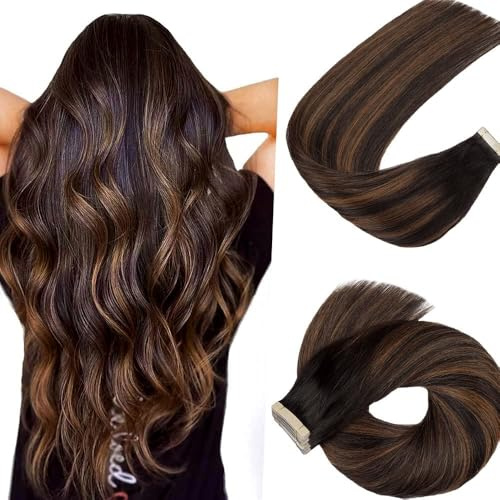 HotLulana Tape Extensions Echthaar Balayage Natürliches Schwarz bis Chestnut Braun Invisible Extensions Echthaar 24zoll/60cm 40Pcs 100g Skin Weft 100% Natürliche Tape in Extensions Echthaar #1B/1B/6.