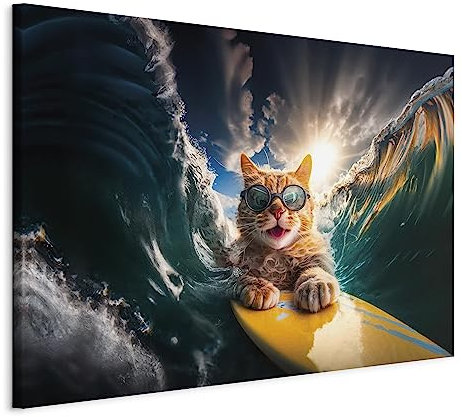 murando HandArt Bilder auf Leinwand Katze lustig 120x80 cm 1 tlg Leinwandbild Wandbilder Wohnzimmer Wanddekoration Moderne Kunst Kätzchen Surfing Brillen g-H-10036-b-a