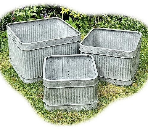Darthome Square Galvanised Tub Planters Set Of 3 Metal Ribbed Large Garden Outdoor Pots