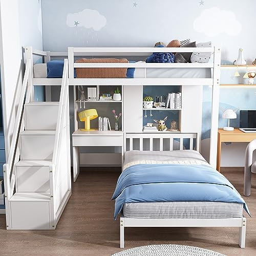 Hausbett kinder,90 * 200 Etagenbett,Doppelbett,mit Schreibtisch und Regale,Kinderbetten Funktionsbett Stockbett Kinderhochbett Jugendhochbett