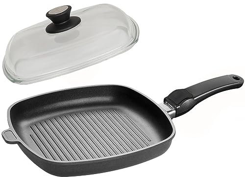 SKK große 2-tlg. Grillpfanne 28x28 cm - ohne Induktion - eckige beschichtete Aluguss Bratpfanne Griff abnehmbar & Vollglas Deckel - Made in Germany