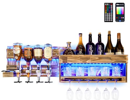 Homde Wine Rack with LED Light Wall Mounted Wood Alcohol Shelf with Bottle Stemware Glass Holder Rustic Whiskey Display Storage with 4-Bottle Liquor Dispenser for Home Bar Kitchen Decor