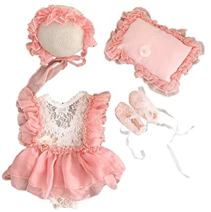 Felenny Newborn Photography Prop Clothes Baby Girl Photo Outfits Romper Hat Pillow Shoes Set Baby Girl Photo Costume Outfits for 0-1 Month Baby