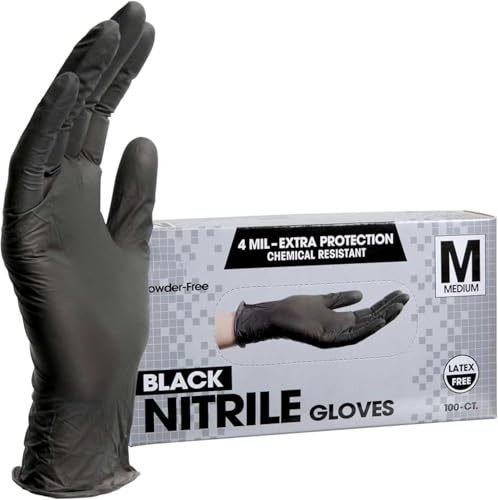 PROMART Disposable Nitrile Gloves Black, Chemical Resistant, Powder-Free, Latex-Free, Non-Sterile, Food Safe, Black,100-Count (200, MEDIUM)