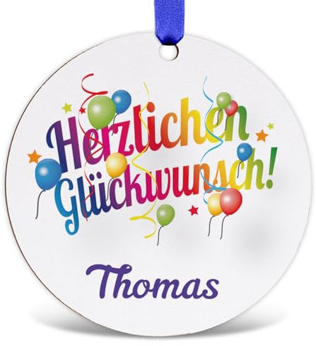 GRAVURZEILE Geschenkanhänger aus Holz - Herzlichen Glückwunsch - Anhänger mit Namen, Deko für personalisierte Geschenke zu Weihnachten, Geburtstag und weitere Anlässe - Motiv 2 - Größe: 8cm