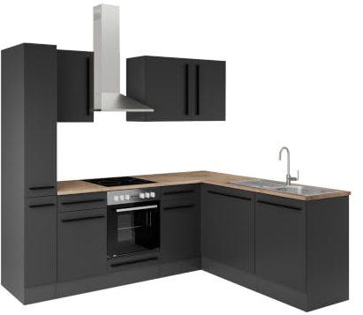 Jazz 8 Moderne Eckküche ohne Elektrogeräte in Schwarz matt, Lanzelot Eiche Optik - Geräumige Küchenzeile in L-Form mit viel Stauraum - 250 x 211 x 60 cm (B/H/T)