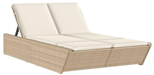 Emmtore Doppel Sonnenliege, Gartenliege mit Auflagen, Doppelliege für Garten Terrasse, Relaxliege Sonnenbett Gartenmöbel,Poly Rattan Doppel Sonnenliege,Beige und Creme