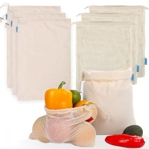 Ecomanna 3 Reusable Mesh Produce Bags &3 Organic Cotton Muslin Bags with Spring-Lock Closure Zero Waste Kit for Grocery Shopping, Vegetable, Fruit Storage, Bulk Food, Travel
