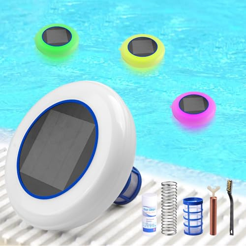 Solar Pool Ionisator Kupfer Silber Ionisator für Pools bis zu 35.000 Gal, Schwimmende Wasserreiniger Pool Ionisator mit Automatischer LED-Beleuchtung, Solar Poolreiniger für Süß- Und Salzwasser