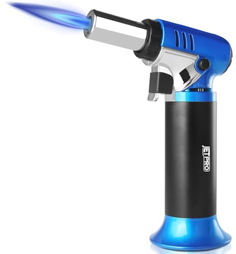 JETPRO Butane Torch Lighter Refillable with Adjustable Flame Kitchen Torch for Creme Brulee Baking BBQ Cooking Soldering One Hand Operation with Fuel Window Safety Lock (Butane Gas Not Included)