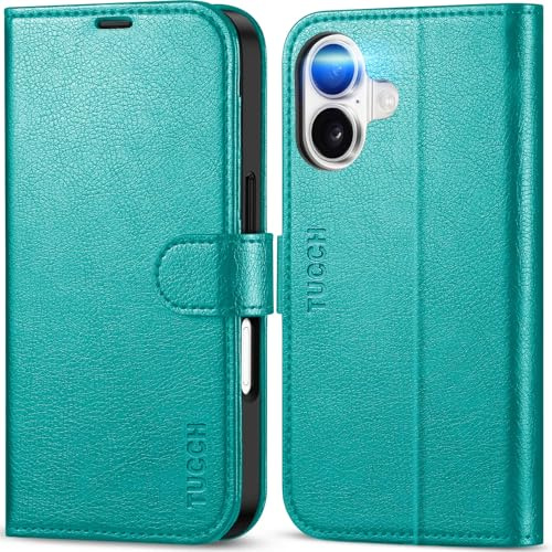 TUCCH Fodral kompatibelt med iPhone 17 6,3 tum 2025 | magnetiskt fällbart fodral, RFID-blockerare, 4 kortfack, skyddsfodral, stötsäkert TPU-innerfodral, stativ, PU-läder, cyan