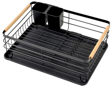 CHEFGASTRO Abtropfgestell Geschirr, 14x42x30cm, Stahl/Holz, mit Besteckhalter & Abtropfbrett, Geschirrabtropfgestell Abtropfständer Spül Abtropfgitter