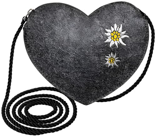 Scinzene Herztasche Dirndl Mit Edelweiss Stickerei, Trachtentasche Damen, Dirndl Tasche, Dirndltasche, Trachten Tasche Damen, Herz Filztasche Mit Schulterband 120 Cm, Robustem Grau Filz