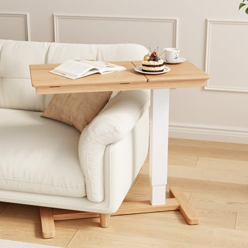 YQJJGL Massivholz-Beistelltisch mit Rollen, mobiler Stehtisch, 80 × 40 cm große Tischplatte, verstellbare Höhe (70-110cm), geeignet für Bett und Sofa, Naturholz