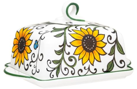 Ceramic Butter Dish with Lid – Large Sunflower Butter Keeper, Covered Butter Container, Vintage Style Butter Holder for Kitchen Counter